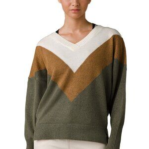 PrAna Norfolk Sweater intarsia stripe wool blend retro V neck 🍁 Fall! 🍁 M